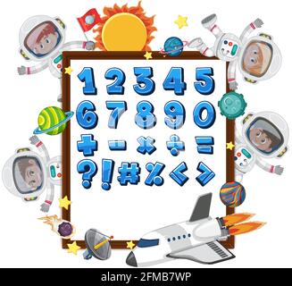 Numéro 0 à 9 et symboles mathématiques sur la bannière avec beaucoup d'enfants dans l'illustration de thème de l'espace Illustration de Vecteur