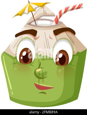 Joli personnage de dessin animé de noix de coco avec expression de visage confuse sur blanc illustration d'arrière-plan Illustration de Vecteur