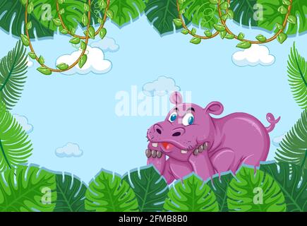 Hippopotamus personnage de dessin animé dans une illustration vierge de scène de forêt Illustration de Vecteur