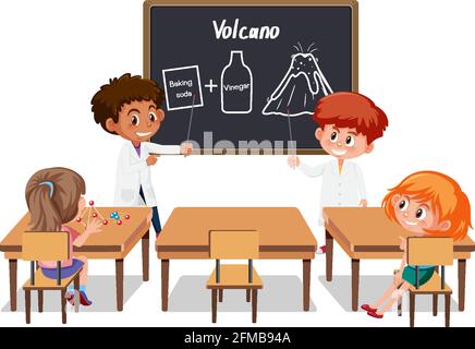 De jeunes étudiants expliquent l'expérience du volcan dans l'illustration de la scène en classe Illustration de Vecteur