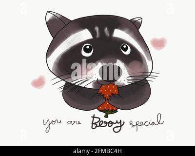 Vous êtes spécial de baie, Raccoon mangeant fraise dessin animé aquarelle illustration de peinture Banque D'Images