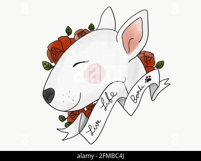 Illustration de la bande dessinée de l'écorce et des roses rouges de Bull Terrier Banque D'Images