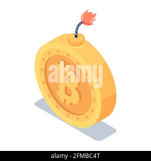Bitcoin d'or Isométrique 3D plat avec fusible à combustion. Concept de crise de crypto-monnaie et de Bitcoin. Illustration de Vecteur