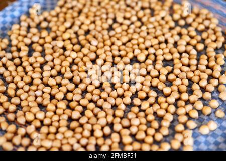 Cuisine ayurvédique - pois chiches rôtis au four, les pois chiches préalablement trempés dans l'eau sont séchés sur une serviette Banque D'Images