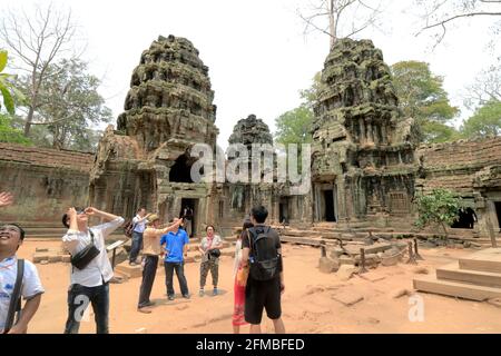 Visite des ruines de Ta Prohm Cambodge Banque D'Images