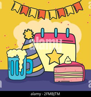 Joyeux Anniversaire Biere Chapeau Calendrier Et Gateau Image Vectorielle Stock Alamy