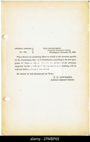 CSA - USA - Guerre civile - Guerre de Sécession ordre général n°190 du 19 novembre 1862 Banque D'Images