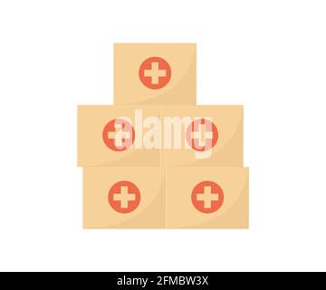 Pile de boîtes contenant des médicaments, des médicaments ou un vaccin contre le virus. Entrepôt avec vaccins covid. Transport de médicaments. Illustration vectorielle isolée sur un style plat Illustration de Vecteur