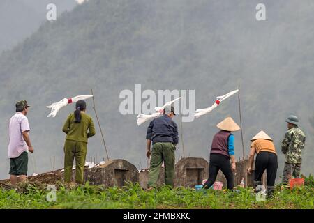 Chaque année, les ancêtres en visite sont des tombes portant des cadeaux et des feux d'éclairage dans les champs de maïs, dans la province de Ha Giang, au nord du Vietnam Banque D'Images