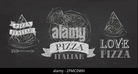 Symbole de pizza, icônes et une tranche de pizza avec l'inscription dessin italien stylisé avec craie sur le tableau noir Illustration de Vecteur