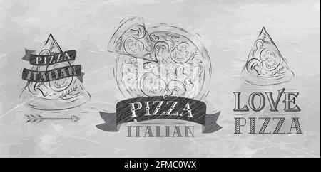 Symbole de pizza, icônes et une tranche de pizza avec l'inscription dessin italien stylisé avec charbon sur le tableau noir Illustration de Vecteur