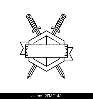 Logo Shield et Swords avec emplacement pour le texte. Épées croisées. Concept médiéval de bataille de chevalier. Armoiries. Protection et sécurité. Force, défense. Illustration de Vecteur