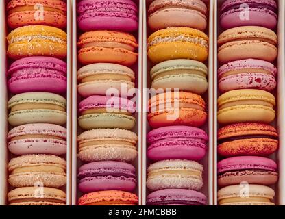 Vue de dessus des macarons colorés dans les rangées dans la boîte Banque D'Images