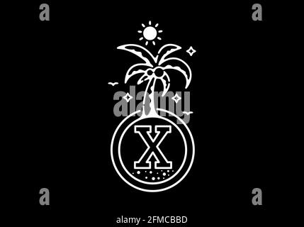 Illustration blanche de la ligne noire de l'arbre de noix de coco dans le plage avec motif lettre X initiale Illustration de Vecteur