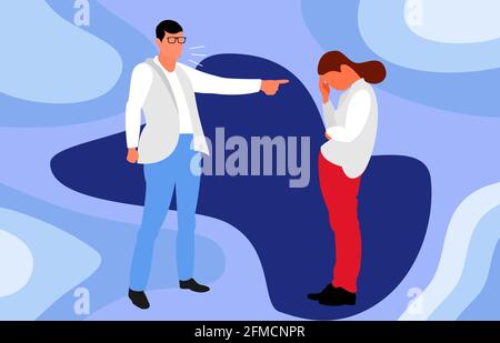 Homme en colère et femmes triste.Homme émotionnellement abusant woman.characters illustration de dessin animé à plat Vector. Illustration de Vecteur