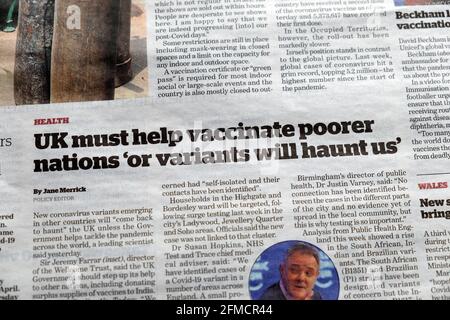 « le Royaume-Uni doit aider à vacciner les nations les plus pauvres », sinon les variantes vont chasser L'article des États-Unis inews i titre de journal en avril 2021 Londres Angleterre Royaume-Uni Banque D'Images