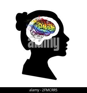 Profil de visage de femme noir détaillé avec cerveau créatif dans la tête sur blanc Illustration de Vecteur