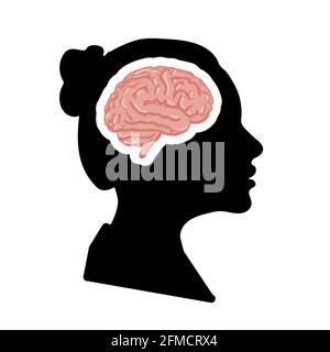 Profil de visage de femme en noir détaillé avec cerveau rose réaliste blanc Illustration de Vecteur