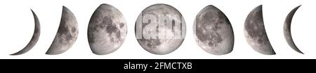 Phases de la Lune ensemble isolé sur blanc: Croissant cirant, premier quart, gibbe cirant, pleine lune, gibbe bibrée, troisième garde, croissant de décrottage, n Banque D'Images