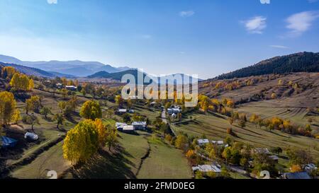 Une photo panoramique d'Artvin qui capture sa belle nature. Artvin avec ses arbres colorés sur un chemin plein d'herbe verte crée un incroyable Banque D'Images