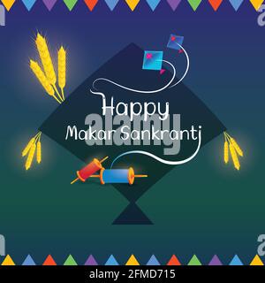 Happy Makar Sankranti festival carte de voeux avec cerfs-volants et éléments décoratifs pour le site Web et les médias sociaux. Magnifique illustration vectorielle de fête. Illustration de Vecteur