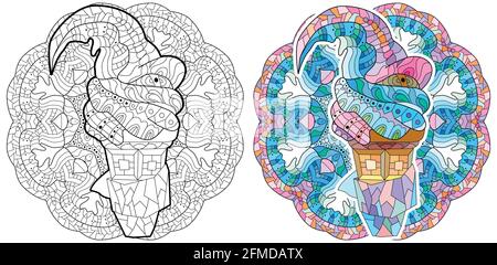 Composition florale, décorative, douce en dessert. Arrière-plan noir et blanc. Page de livre de coloriage de Zentagle. Glace au mandala. Illustration de Vecteur