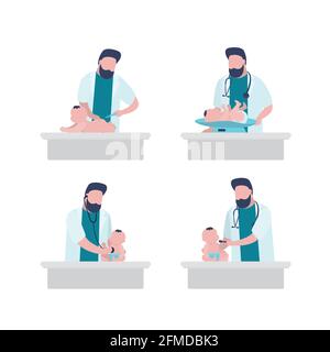 Ensemble de pédiatres et de bébés, isolés sur fond blanc. Beau médecin ou médecin homme en manteau blanc examine, écoute, traite bébé avec Illustration de Vecteur