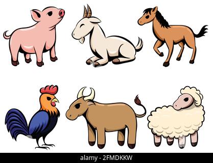 Ensemble de six images vectorielles de dessin animé de dessin au trait de divers Animaux de ferme il y a des cochons chèvres chevaux poulets et mouton Illustration de Vecteur
