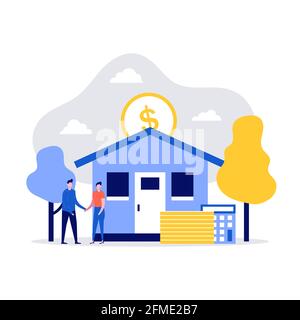 Concept hypothécaire. Prêt de maison ou investissement d'argent à l'immobilier. Famille achetant la maison avec contrat. Illustration vectorielle moderne de style plat pour landin Illustration de Vecteur