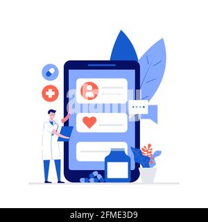 Médecin utilisant l'application en ligne pour aider les patients à concevoir avec des personnages. Style moderne plat pour page d'arrivée, application mobile, poster, prospectus, modèle, interdiction web Illustration de Vecteur