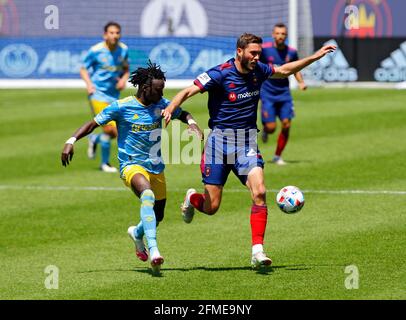 Chicago, États-Unis, 08 mai 2021. Major League Soccer (MLS) Chicago Fire FC milieu de terrain Elliot collier (28) va pour le ballon contre l'Union de Philadelphie à Soldier Field à Chicago, il, États-Unis. Union a gagné 2-0. Credit: Tony Gadomski / toutes les images de sport / Alamy Live News Banque D'Images