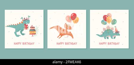 Joyeux anniversaire cartes de voeux ensemble. Tyrannosaur rex, stegosaurus, pteranodon, ballons, gâteaux, cadeaux. Dinosaures amusants sur des cartes de vacances pour les enfants. Vecteur, style de dessin animé. Illustration de Vecteur