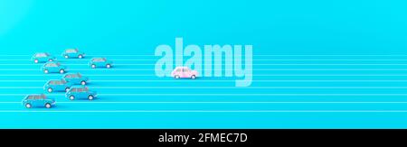 Concept de concurrence d'entreprise. Voiture rose leader de la course contre un groupe de voitures bleues plus lentes 3d rendu illustration 3d Banque D'Images
