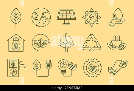 quinze icônes de l'ensemble d'écologie de bioénergie Illustration de Vecteur