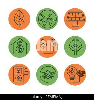 neuf icônes de l'ensemble de l'écologie de la bioénergie Illustration de Vecteur