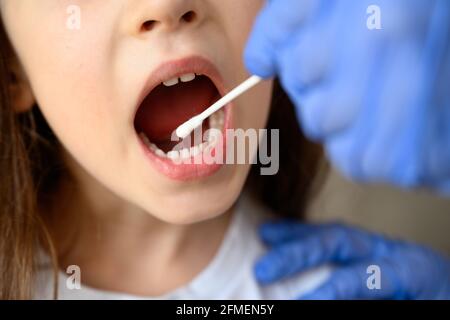 Test du coronavirus et bouche, Kid ouvre la bouche pour le diagnostic COVID-19. Le médecin ou l'infirmière tient un écouvillon pour l'échantillon de salive de l'enfant. PCR orale du virus Corona t Banque D'Images