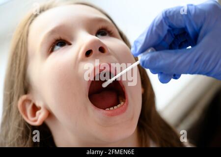 Kid ouvre la bouche pour le test COVID-19, le médecin tient un écouvillon pour l'échantillon de salive de l'enfant mignon pendant la pandémie du coronavirus. Infirmière main et petite fille visage cl Banque D'Images