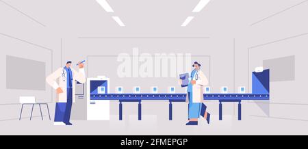 l'équipe des opérateurs contrôle le remplissage de la production de médicaments sur les médecins des tapis transporteurs vérification de la qualité des produits Illustration de Vecteur