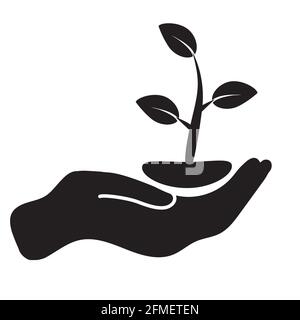 icône plante en main sur fond blanc. feuille et signe de la main. symbole de la nature d'entretien. style plat. Banque D'Images