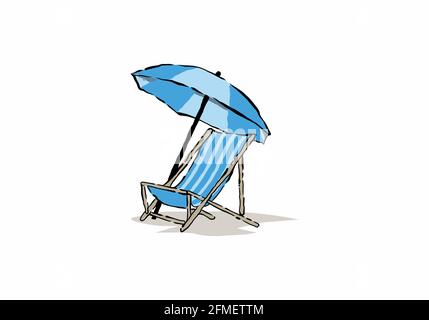 Dessin d'illustration bleu de la chaise de plage et de parapluie Illustration de Vecteur