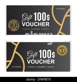 Modèle de bon cadeau Vector. Prospectus universel pour les entreprises. design vectoriel noir blanc de luxe pour les grands magasins, les entreprises. Valeur 100 dollars. Illustration de Vecteur