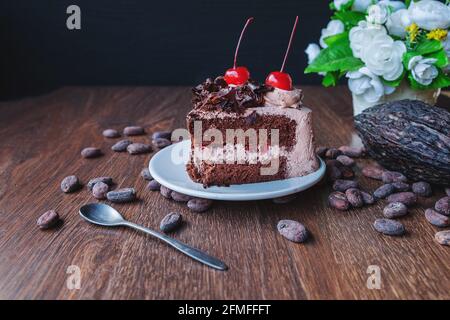 Gâteau au chocolat et fèves de cacao pour faire du chocolat Banque D'Images