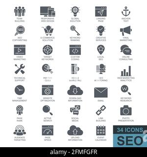 Optimisation du moteur de recherche. Collection d'icônes de bande fine, de glyphe et de toile pleine. Illustration vectorielle simple. Illustration de Vecteur
