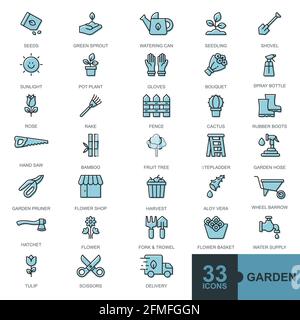 fleurs et jardinage éléments ligne mince minimale, glyphe, rempli, couleur web icône ensemble contour icônes collection Illustration de Vecteur
