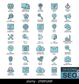 Optimisation du moteur de recherche. Collection d'icônes de bande fine, de glyphe et de toile pleine. Illustration vectorielle simple. Illustration de Vecteur