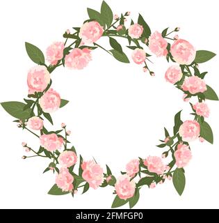 Une couronne de pivoines. Cadre rond, fleurs et feuilles roses mignonnes. Composition rose printemps en fleurs avec bourgeons. Décorations de vacances pour mariage, vacances Illustration de Vecteur