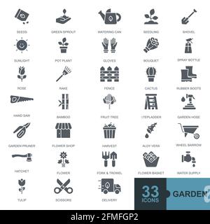 fleurs et jardinage éléments ligne mince minimale, glyphe, rempli, couleur web icône ensemble contour icônes collection Illustration de Vecteur