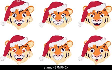 Ensemble de symbole du tigre du nouvel an avec des émotions de heureux, triste, colère. Symbole des fêtes dans une casquette de Noël rouge. Décoration de fête. La face d'une orange Illustration de Vecteur