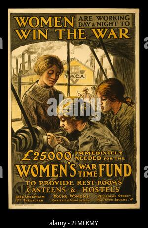 Affiche montrant des femmes travaillant à un tour dans un complexe d'usine, avec une structure YWCA visible à travers la fenêtre. Banque D'Images