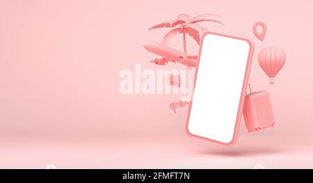 Smartphone avec objets de voyage : avion, ballon d'air, palmier, lunettes de soleil, appareil photo et sac sur fond rose. rendu 3d Banque D'Images
